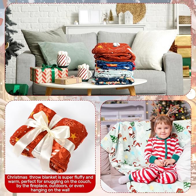 Buryeah 4 Pack Christmas Throw Blankets Bulk Snowman, Igloo, Santa Claus, Bells, Xmas Tree Soft Cozy Christmas Plush Flannel Blanket for Sofa, Bed, Couch, Home Decor Xmas Supplies, 40 x 50 Inches