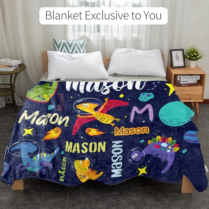 Personalized Dinosaur Blanket for Boys, Custom Name Blanket for Kids Dino Outspace, Soft Flannel Dinosaur Toddler Blanket Customized Gift for Birthday Christmas Baby Shower, Newborn Gift 30" X 40"
