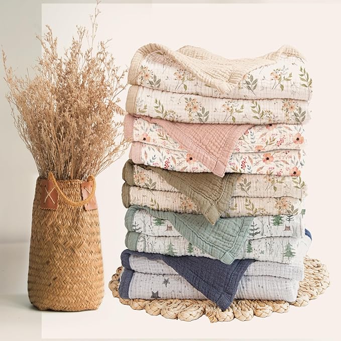 lulumoon Muslin Baby Blanket Neutral: Cotton Crib Blanket with Pine Tree - Soft Toddler Bedding for Registry Gift 47x47 Inches (Green Forest Stump)