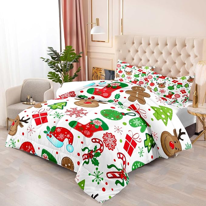LUVIVIHOME 3PCS Christmas Comforter Set Queen Size, Boys Girls Kids Bedding, Cute Reindeer Snowflake Gingerbread Candy Cane Snowflake Holiday Christmas Bedding, Green Red White Quilt, 2 Pillow Shams