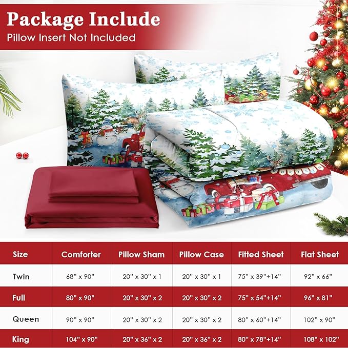 7 Pcs Full Size Christmas Comforter Set with 2 Pillowcases & 2 Shams, Red Vintage Truck Snowman Bedding for Kids and Adults, Winter Snow Forest Elk Bed in a Bag with Flat Fitted Sheet