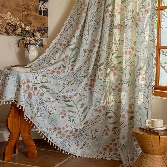 ENJOYBRIDAL Floral 84 Inch Curtains for Bedroom Decor Drapes Floor Length Semi Sheer Rod Pocket Living Room Window Curtain Panels Light Filtering Boho 2 Panels Tassel Vintage Window Treatments
