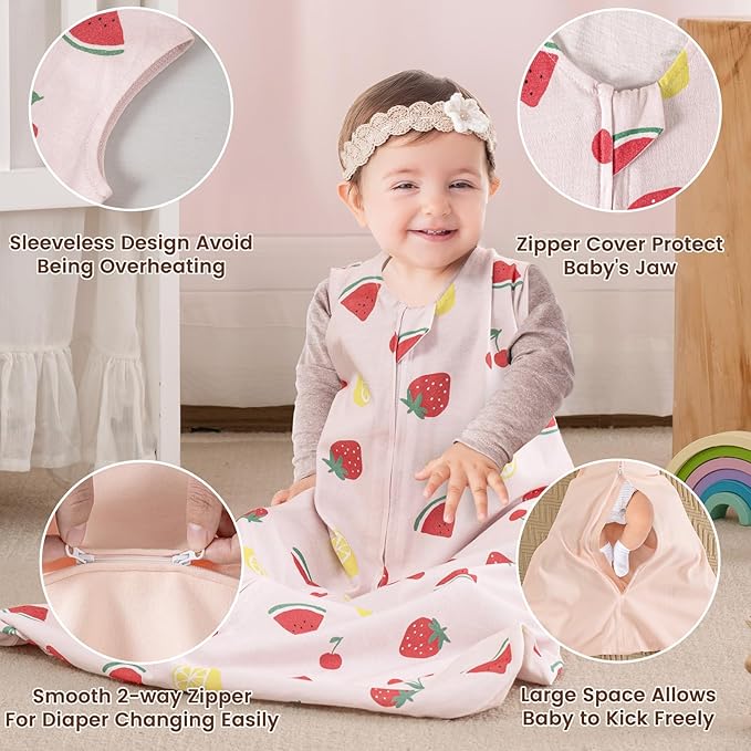 PHF Soft Baby Sleep Sack 12-18 Months 100% Organic Cotton Wearable Blanket, 2-Way Zipper 0.5 TOG Toddler Sleeping Sack 3 Pack, Comfy Sleep Bag for Baby Boys Girls, Lemon (Large)