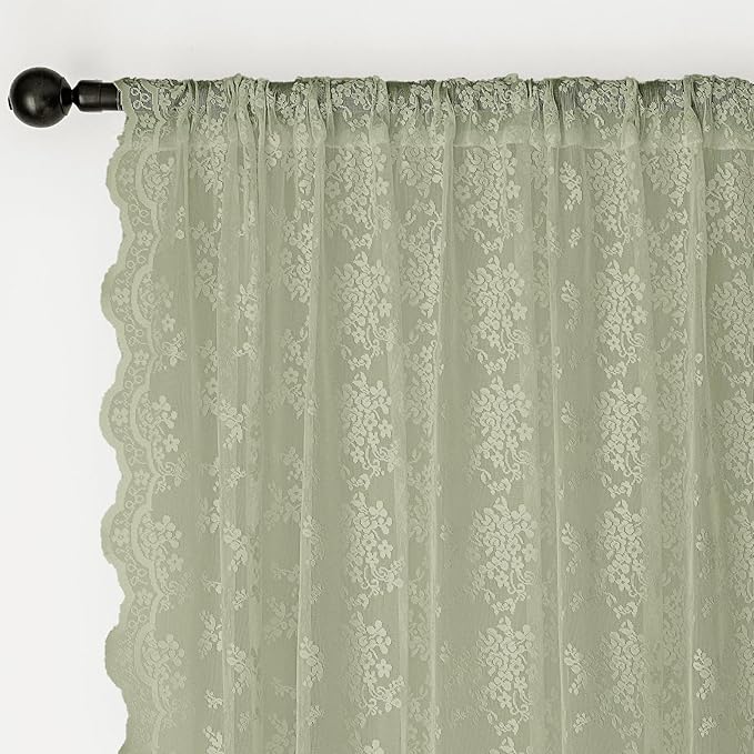 Anmao Vintage Lace Curtains 63 Inches Long 2 Panels Set, Romantic Elegant Light Filtering Semi Sheer Floral Thick Lacy Curtain Drapes for Living Room and Bedroom, Each Panel 55W x 63L, Dry Grass Green