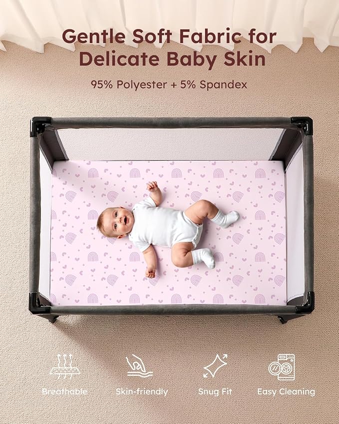 Pack and Play Sheets Fitted, 3 Pack Soft Stretchy Baby Mini Crib Sheets for Pack N Play Mattress and Portable Playard Sheets for Girls Purple Rainbow Unicorn