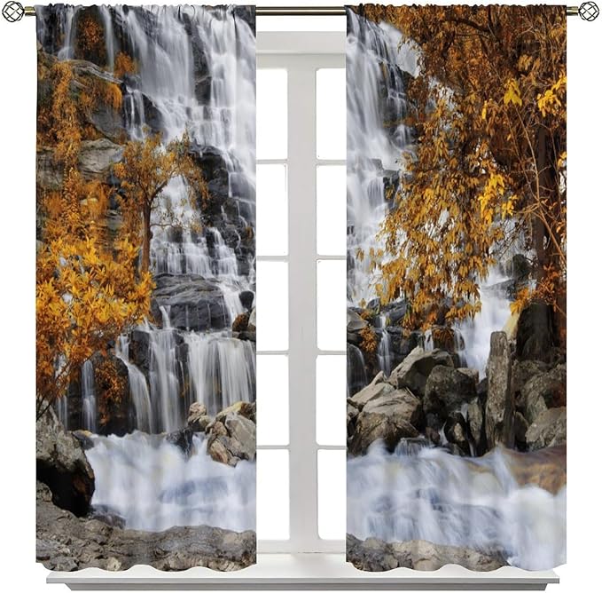 Autumn Tree Leaf Blackout Curtains, Landscape Nature Forest Lake Waterfall Rod Pocket Window Drapes, for Bedroom Living Room 55" W X 63" L