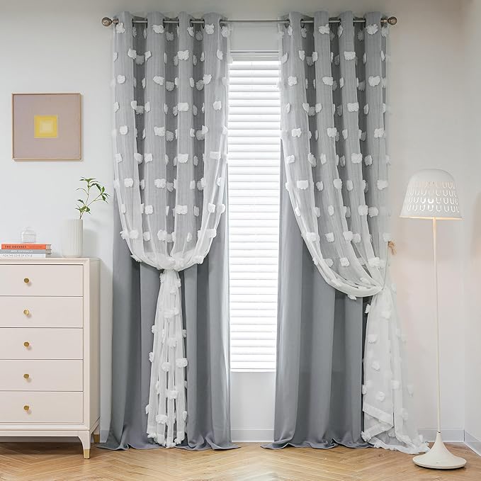 MYSKY HOME Grey Curtains for Bedroom - 54 Inch Long, Double Layer, White Pom Pom, Sheer, Grommet, Darkening, Small Window, 2 Panels, 52 x 54 in