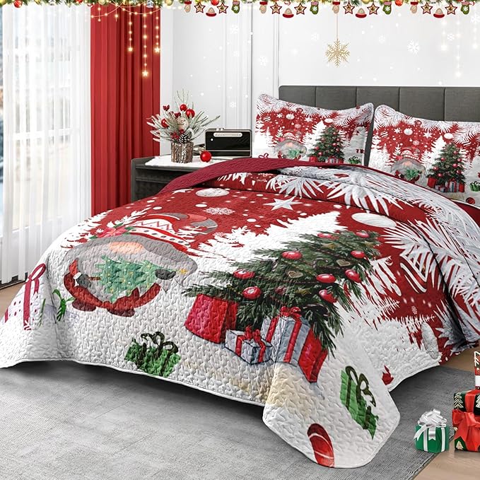 Christmas Full/Queen Size Quilt Set, Cute Gnome Lightweight Bedspread Coverlet with Pillow Shams for Kids and Adults, Merry Xmas 3 Pcs Bedding Bed Cover