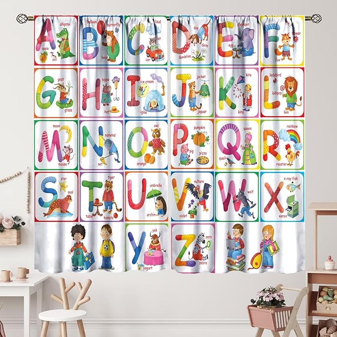 Kids Alphabet Curtains Cartoon Animal Funny Education Learning Curtain with Rod Pocket for Bedroom Nursery Children Toddler Decor Drapes Window Treatments 2 Panels Set 63" W X 72" L