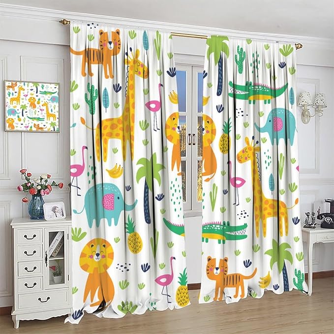 Kids Animals Blackout Curtains Cartoon Cute Abstract Fun Tropical Animals Art Printed for Children Girls Boys Bedroom Nursery Rod Pocket Decoration Window Drapes 2 Panels W27.5xL63in