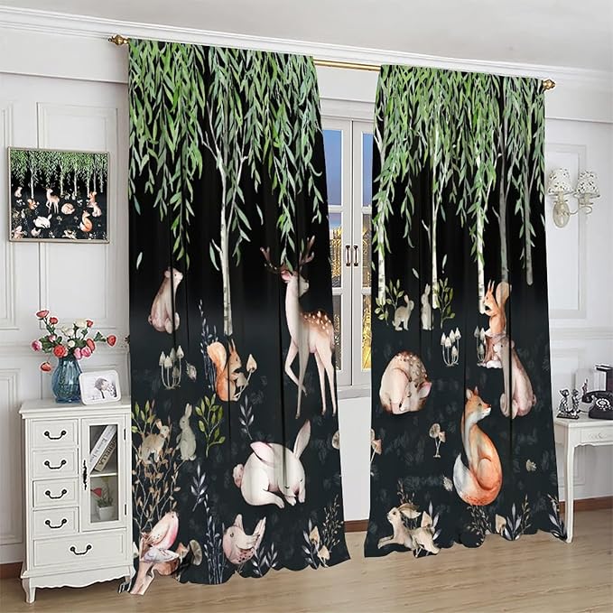 Forest Animal Curtains, Watercolor Cartoon Woodland Plants Animals Bears Moose Mushrooms Printed Curtains for Kids Boys and Girls Bedroom Window Drapes 42x45 Inch, Style-9