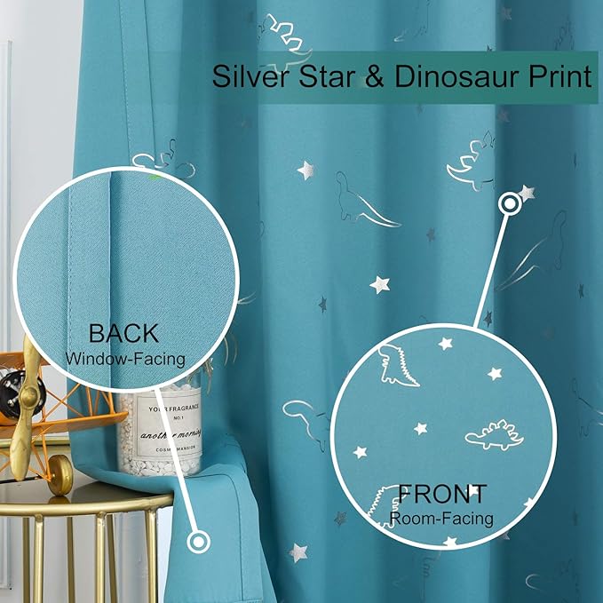 LORDTEX Dinosaur and Star Foil Print Blackout Curtains for Kids Room - Thermal Insulated Curtains Noise Reducing Window Drapes for Boys and Girls Bedroom, 52 x 84 Inch, Teal, Set of 2 Panels