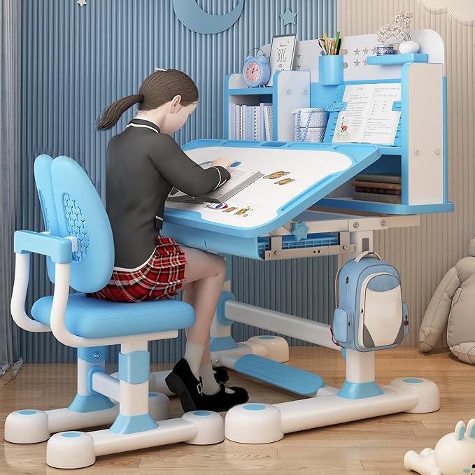Upgraded Kids Desk and Chair Set,50 Degree Tiltable&Height Adjustable Ergonomic Study Table with Posture Corrector & Dual Back Support, 3-18 Years Adjustable Children's Desk Set with Storage Blue