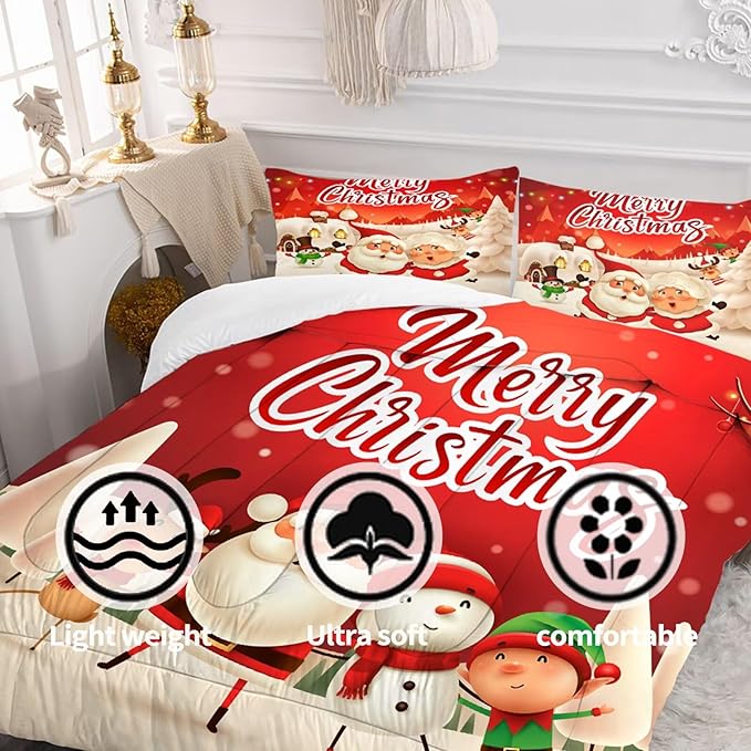 Xmas Bedding Sets Twin Size Christmas Santa Gnomes Comforter Sets Snowing Santa Claus Quilt for Kids Boys Girls Bedroom, 1 Comforter + 1 Pillow Case