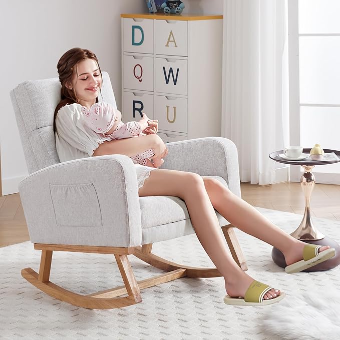 Rocking Chair Nursery, Nursing Rocking Chairs with Foot Rest for Mom Breastfeeding, Rocker Glider Chair with High Backrest for Living Room, Bedroom, Light Gray