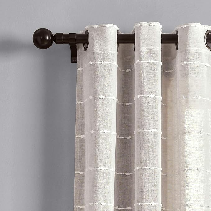 Lush Decor Farmhouse Textured Grommet Sheer Window Curtain Panel Pair, 38"W x 120"L, White