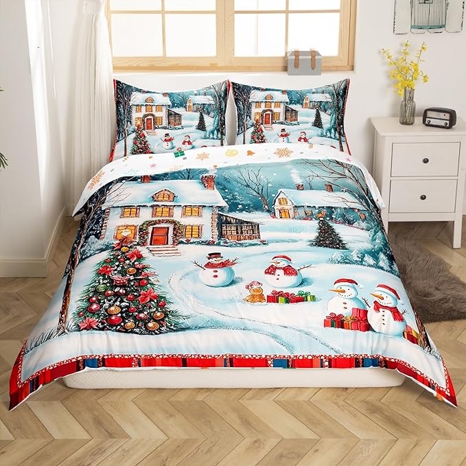 Manfei Christmas Duvet Cover Set Full Size, Cute Snowman Xmas Tree Bedding Set for Kids Boy Girls Room Decor, New Year Theme Comforter Cover, Lightweight Bedspread Cover, 2 Pillowcases, No Comforter