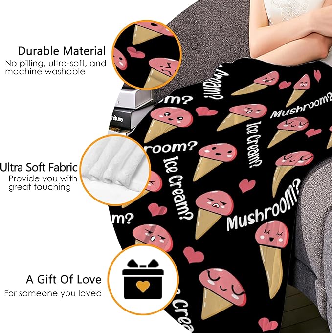 Thuswarm Mushroom Or Ice Cream Flannel Throw Blanket Warm Cozy Soft Funny Print Blankets for Bed Couch Sofa Room Decoration Gifts 40"×30" XSmall for Pets