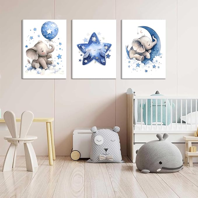 Baby Boy Nursery Canvas Wall Art Set of 3, Blue Elephant Moon and Stars Picture Wall Decor Painting, Cute Animal Baby Girl Nursery Posters Prints for Kids Room Bedroom 12x16 In Framed