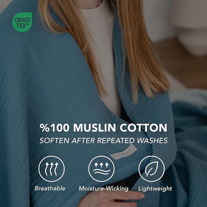 Goqan Muslin Blanket King Size 90x108 – 100% Cotton 4 Layer Boho Muslin Blanket for Adults, Lightweight, Soft, Breathable for Bed, Couch - Teal
