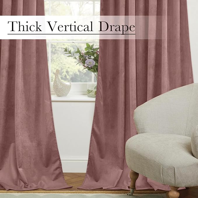 StangH Mauve Velvet Curtains 108 inches Long for Living Room, Wild Rose Back Tab Thermal Insulated Window Drapes for Bedroom/Nursery Girls, Elegant Backdrop Decors for Party, W52 x L108, 2 Panels