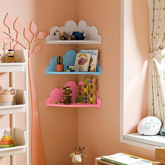 Cloud Floating Corner Shelves - Set of 3 Wood Corner Shelf Wall Mounted, White Nursery Wall Decor, Small Cute Display Shelf for Kid's Room Bedroom Living Room Bathroom