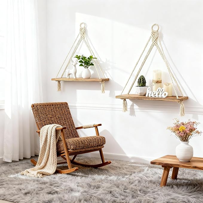 Boho Macrame Hanging Wall Shelves Set of 2 - Rustic Wood Triangular Floating Storage Shelf for Bedroom Bathroom Living Room Nursery Dorm - Boho Room Deco
