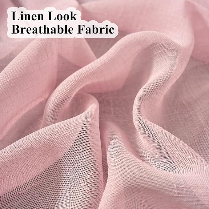 Blush Pink Sheer Curtains 90 Inches Long, Linen Look Textured Light Filtering Drapes for Girls Room Decor, Light Pink Transparent Window Treatments, Pinch Pleat Curtain with Hooks