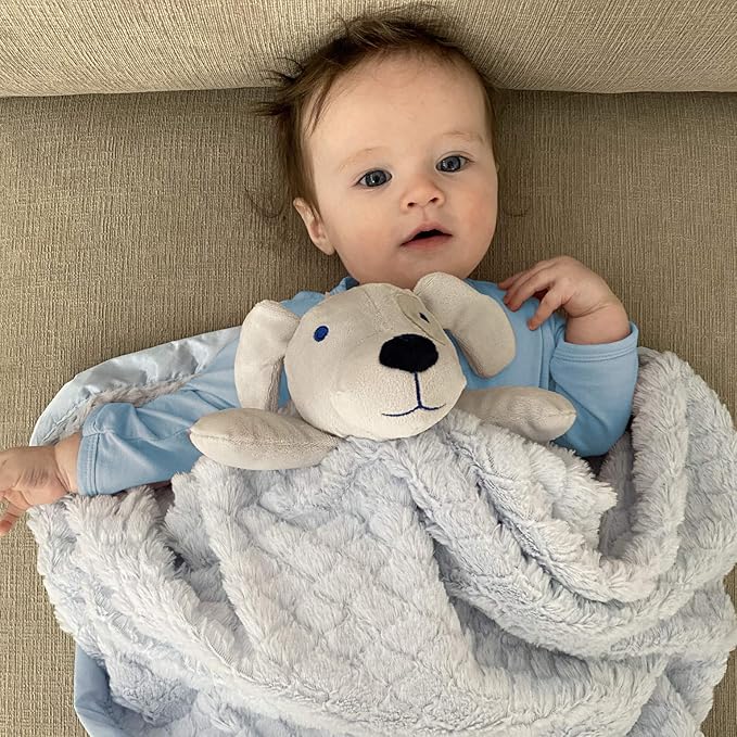 EVERYDAY KIDS Large Lovey Baby Security Blanket for Boys Sweet Dog Stuffed Animal on 30” Adorable Blue Snuggle Baby Blanket; Fluffy Fleece with Attached Plush Toy to Cuddle