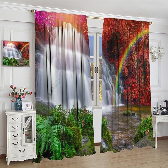 Waterfall Blackout Curtains, Nature Landscape Forest Mountain Waterfall Scenery Scene Print Pattern Window Drapes, for Bedroom Living Room 55" W X 63" L