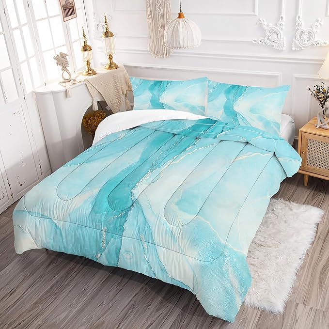 Comforter Set Blue Marble: Full Size Aqua Blue Bedding Sets for Teen Girls Kids Women Bedroom Abstract Baby Blue Marbling Quilt Bed Set 1 Comforter & 2 Pillowcases