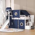 Playhouse Twin Size Low Loft Bed with Slide & Tent and Tower, Solid Wood Tent Bed Frame with Storage Staircase for Kids Teens Boys Girls, Versatile Spacious Under Bed Space with Curtains (Blue-TST)