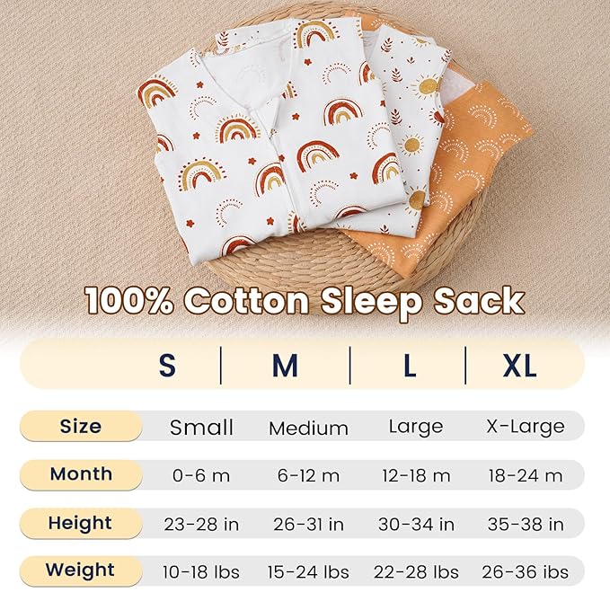 PHF Soft Baby Sleep Sack 6-12 Months 100% Organic Cotton Wearable Blanket, 2-Way Zipper 0.5 TOG Toddler Sleeping Sack 3 Pack, Comfy Sleep Bag for Baby Boys Girls, Rainbow (Medium)
