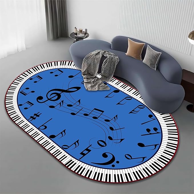 Kids Piano Music Area Rug, 5x8ft, Black and White Keys Musical Notes Design Rug, Music Classroom Decorative Floor Mats, Non-Slip Washable Indoor Carpet for Children's Bedroom Playroom Nursery