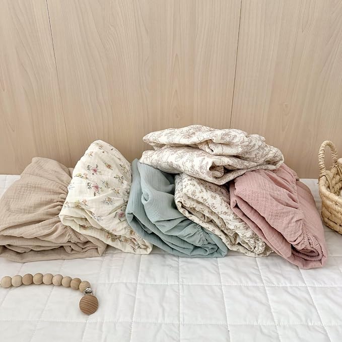 BuLuTu 100% Cotton Muslin Fitted Mini Crib Sheets 38"x26", 2 Pack, Mini Portable Fitted Crib Sheets for Boys Girls Mattress Sheet for Pack N Play, Beige & Green