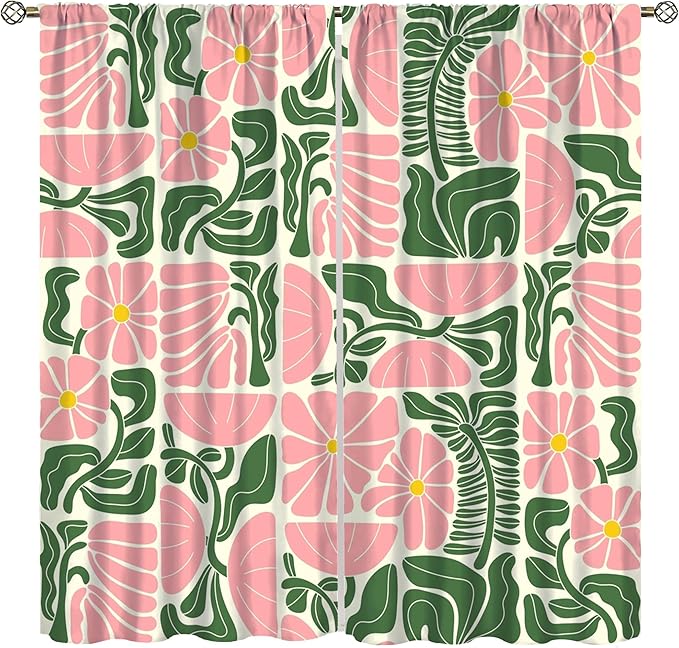 70s Flowers Curtains,Retro Geometric Boho Vintage Botanical Green Pink Flower Curtain for Bedroom Living Room Bathroom Window Curtains,70s Mid Century Flowers Window Treatments 42" W X 45" L