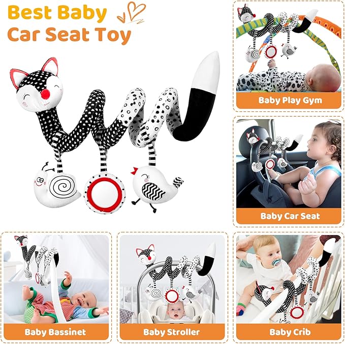 FATI Car Seat Toys for Babies, Hanging Toys for Newborns, Black and White High Contrast Toy for Baby, Spiral Stroller Toys for 0-12 Months Baby - Ideal Gift