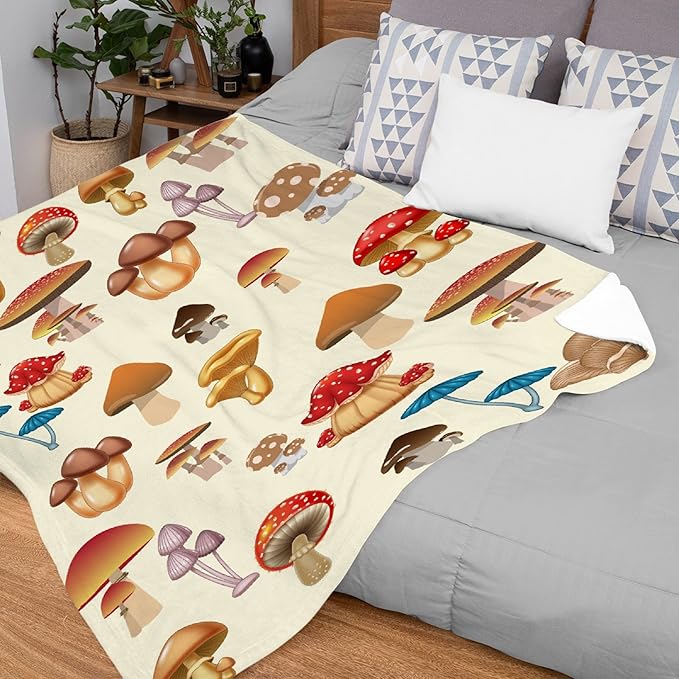 Thuswarm Colorful Wild Mushroom Flannel Blanket for Autumn Winter Gifts Warm Cozy Soft Funny Print Throw for Bed Couch Sofa 120”×90” Extra Large for Family