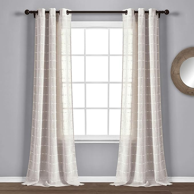 Lush Decor Farmhouse Textured Grommet Sheer Window Curtain Panel Pair, 38"W x 108"L, Beige