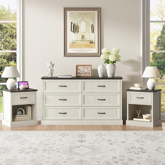 CARPETNAL Farmhouse Dresser and Nightstand Sets for Bedroom, 3 Pcs Bedroom Set, 6 Drawer Dresser & Nightstand Set of 2, Modern Wood Chest of Drawers for Bedroom, Living Room, Entryway, White