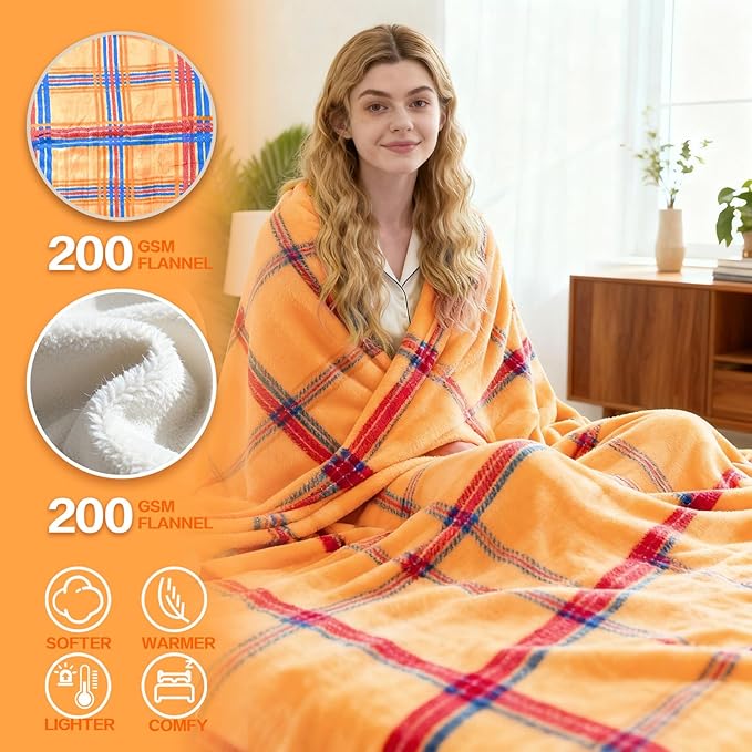 Electric Blanket Heated Throw, Soft Flannel 50"x60" Plaid Heating Blanket with 8 Hours Auto Off 10 Fast Heating Levels Machine Washable Sherpa Heated Blanket with Overheating Protection
