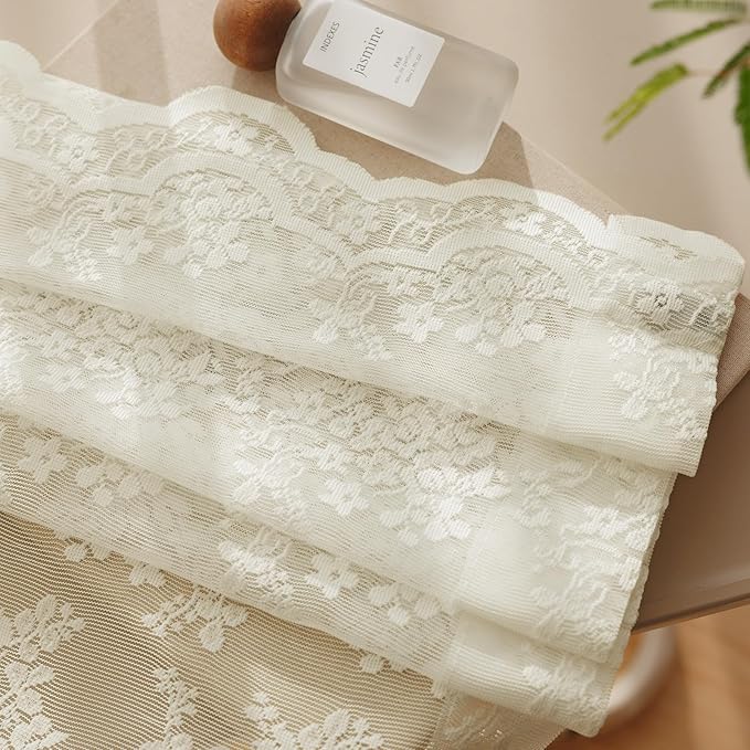 Anmao Vintage Lace Curtains 102 Inches Long 2 Panels Set, Romantic Elegant Light Filtering Semi Sheer Floral Thick Lacy Curtain Drapes for Living Room and Bedroom, Each Panel 55W x 102L, Ivory