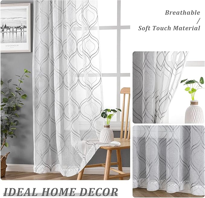 VISIONTEX White Sheer Curtains 120 Inches Long 2 Panels Set Grey Moroccan Embroidered Curtains Trellis French Textured Rod Pocket Voile Tulle Semi Window Drapes for Bedroom Living Room 54 x 120 Inch