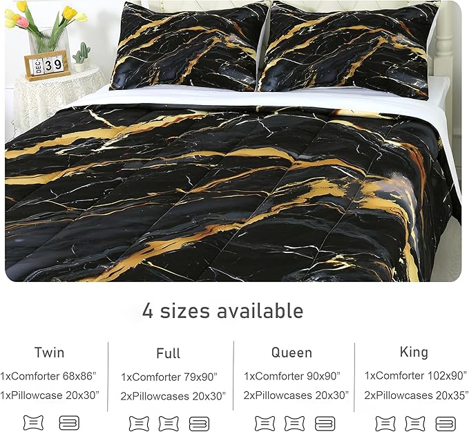 Black Marble Comforter Queen: Abstract Black and Gold Comforter Set Modern Marbling Luxury Quilt Bedding Set 3PC for Men Women Adults Bedroom 1 Comforter & 2 Pillowcases