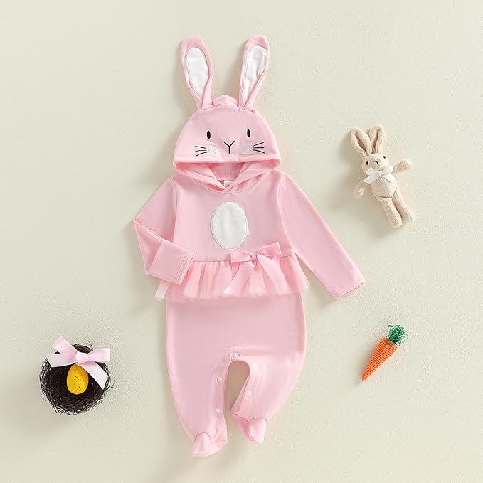 Twopumpkin My First Easter Outfit Baby Girl Newborn Bunny Onesie Ruffle Tulle Tutu Dress Romper Hooded Jumpsuit With Ear