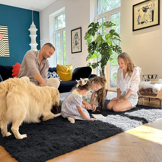 OLANLY 3x5 Machine Washable Small Bedside Rug, Soft Fluffy Shaggy Rugs for Living Room, Bedroom, Indoor Floor Carpet for Kids Girls and Boys, Preppy Dorms, Nursery, Home Decor Aesthetic, Black