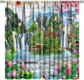 Waterfall Blackout Curtains, Forest Waterfall Rocky Lotus Fish Landscapes Print Window Drapes, for Living Room Bedroom 42" W X 54" L