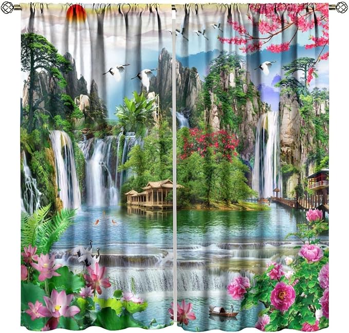 Waterfall Blackout Curtains, Forest Waterfall Rocky Lotus Fish Landscapes Print Window Drapes, for Living Room Bedroom 52" W X 84" L