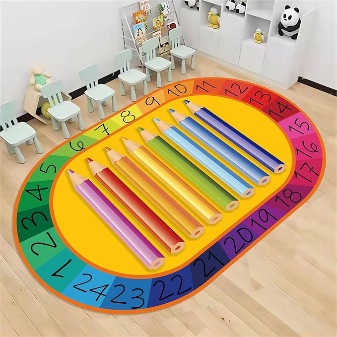Colorful Kids Oval Rug, 6x8ft, Early Learning Education Play Mat for Learning Numbers, Soft Non-Slip Pens Design Rugs for Boys Girls Room Playroom Classroom Nursery Room
