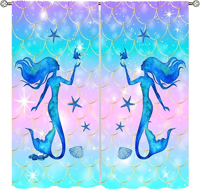 Mermaid Scale Curtains for Kids Girls Magic Gradient Mermaid Fish Scale Pattern Decoration Bedroom Nursery Curtains 42x45 Inch
